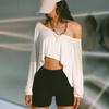 Street Lazy Style Casual Solid Color Short T-shirt Slanted Shoulder Sexy Loose Shoulder Long Sleeved Shirt