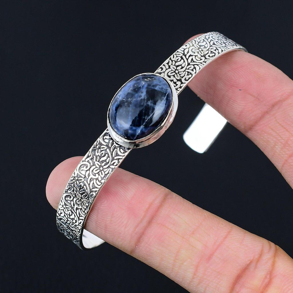 925 Sterling Silver Oval Natural Sodalite Handmade Handcrafted Bangle Jewelry