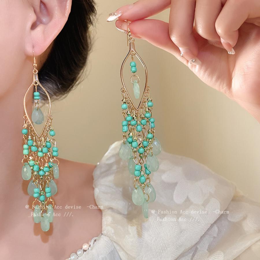 Acrylic rice beads, water drop ear hooks, bohemian holiday style earrings, new ethnic style fashion earrings, women's