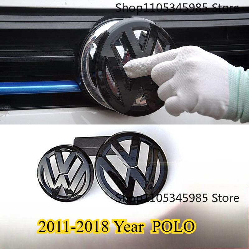 BHMTQ1 ABS Car Front Radiator Grille Badge Cover Rear Trunk Lid Sticker For VW Polo 2011-2013-2014-2018 POLO Glossy Black Logo