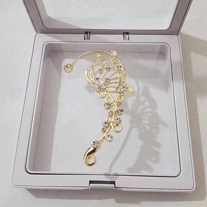 Новое поступление Блестящие хрустальные серьги-клипсы на ухо в виде бабочки для женщин Модные серьги-гвоздики с кисточкой и цепочкой в виде цветка Свадебные украшения