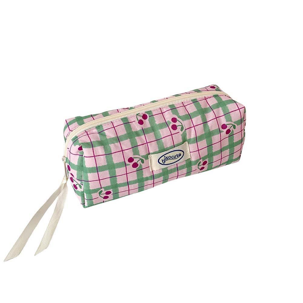 Large Capacity Y2K Cherry Pencil Case Checkered Cartoon Cherry Makeup Bag Korean Pencil Bag Gifts
