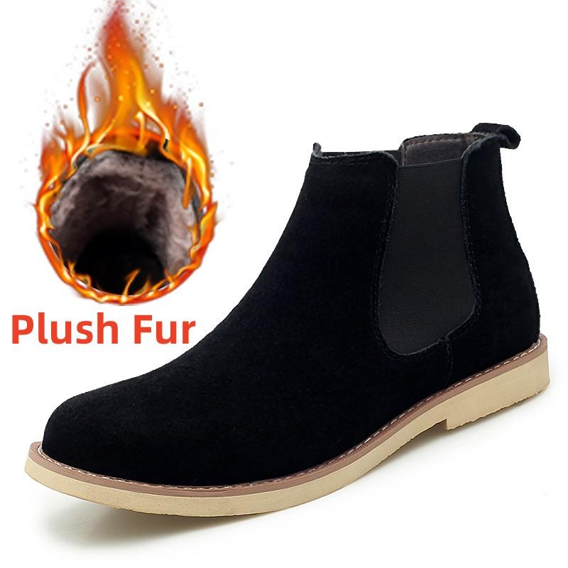 Shoes Man Winter Men Ankle Chelsea Boots New Fashion Casual  Male Shoes Cow Suede Leather Slip Ons Plush Warm Man Snow Boots