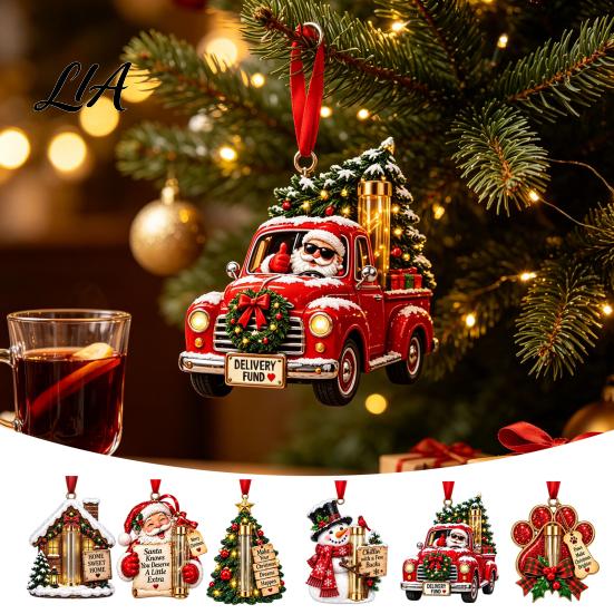 Decorative Gift Presentation Box Christmas Money Holder Ornament for Tree, Acrylic Cash Decoration with Red Notes Ribbon, Surprise Holiday