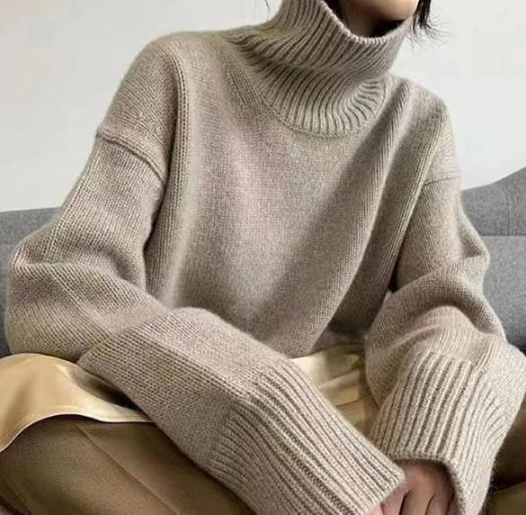 Women's American-Style High Neck Pullover Sweater – New, Loose Fit, Solid Color Slimming Knitwear Top