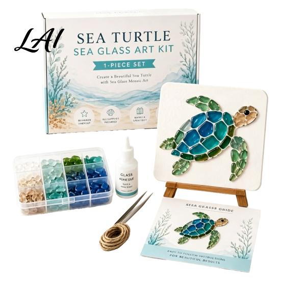 Handmade Desktop Ornaments DIY Sea Glass Mosaic Art Kit Ocean/Landscape Inspired Artwork Complete Making Tools with Colorful Pieces Craft