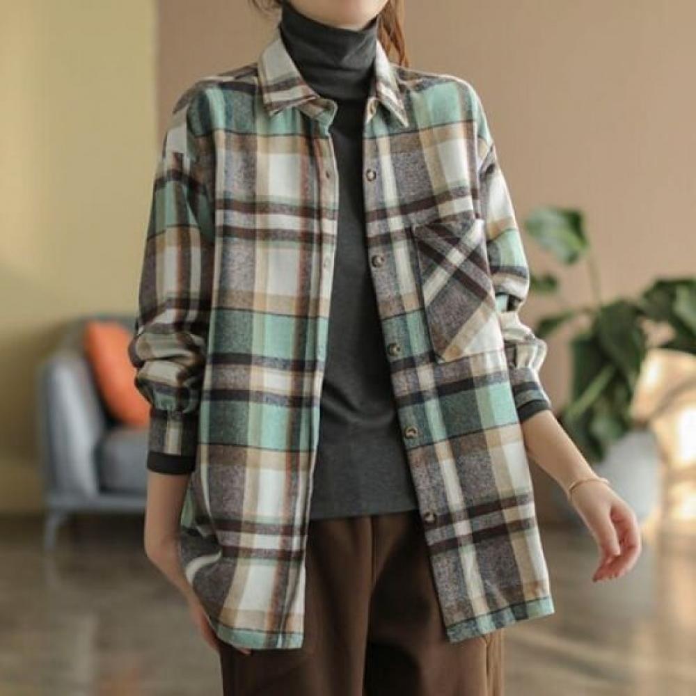 Navava Women Retro Check Long Sleeve Shirt Nb2988