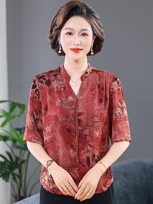 Элегантный летний шелковый топ с коротким рукавом Xiangyun для женщин среднего и пожилого возраста - Высококачественная шелковая блузка из тутового шелка