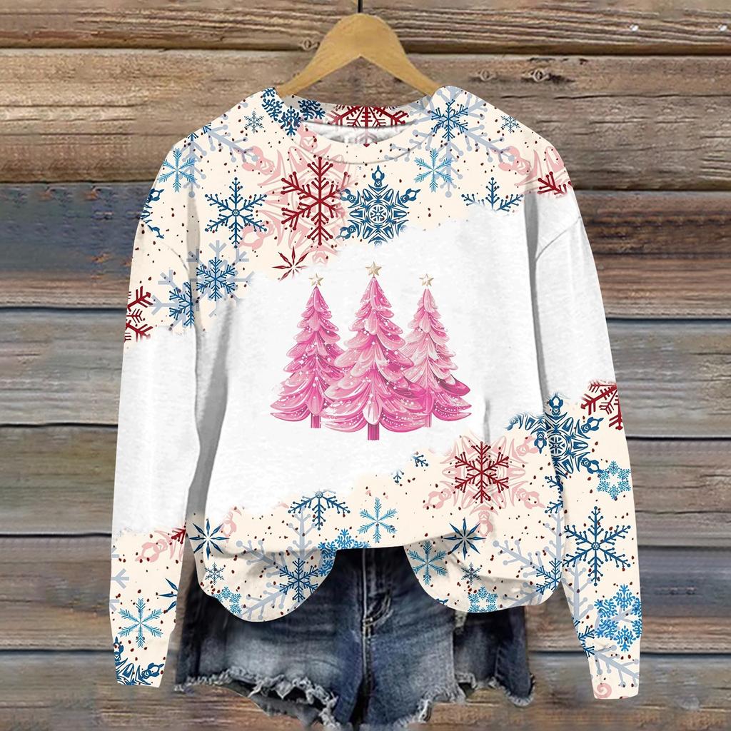 Женская мода рождественский принт длинный рукав свободный круглый вырез толстовка топ осень