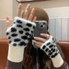 Leopard Print Fingerless Gloves Women Fuzzy Warm Mittens with Thumb Hole Winter Fluffy Gloves for Girls Typing Writing Texting