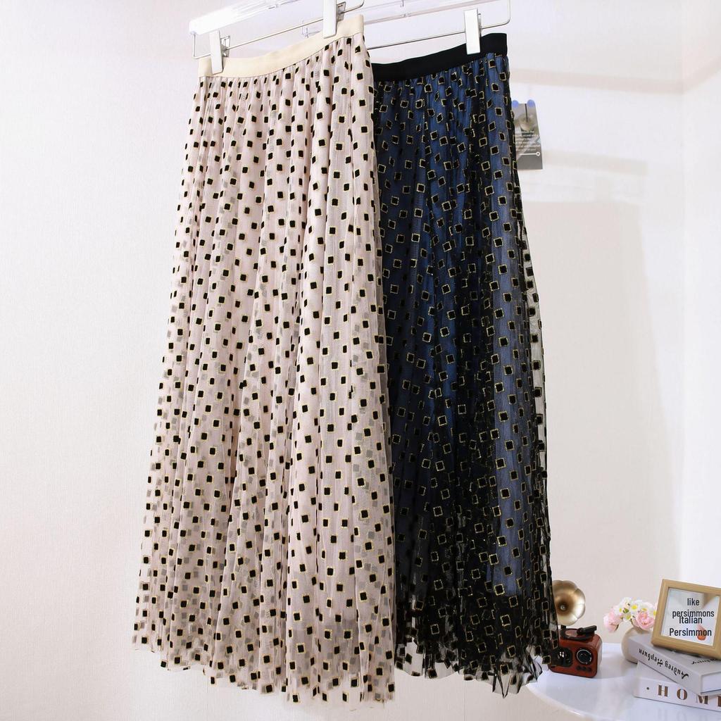 Women's Flocked Mesh Gauze High Waist Skirt - Spring/Autumn 2025 Mid-Length Cake Skirt