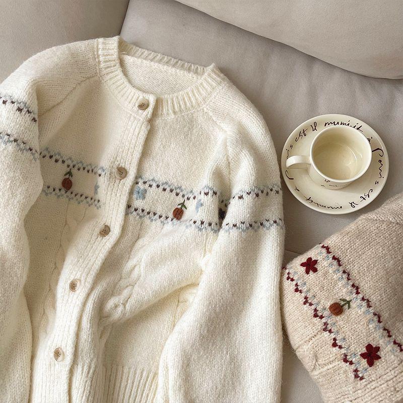 Женский вязаный кардиган с цветочной вышивкой 2024 - Весна/Осень, Круглый вырез, Однобортный дизайн