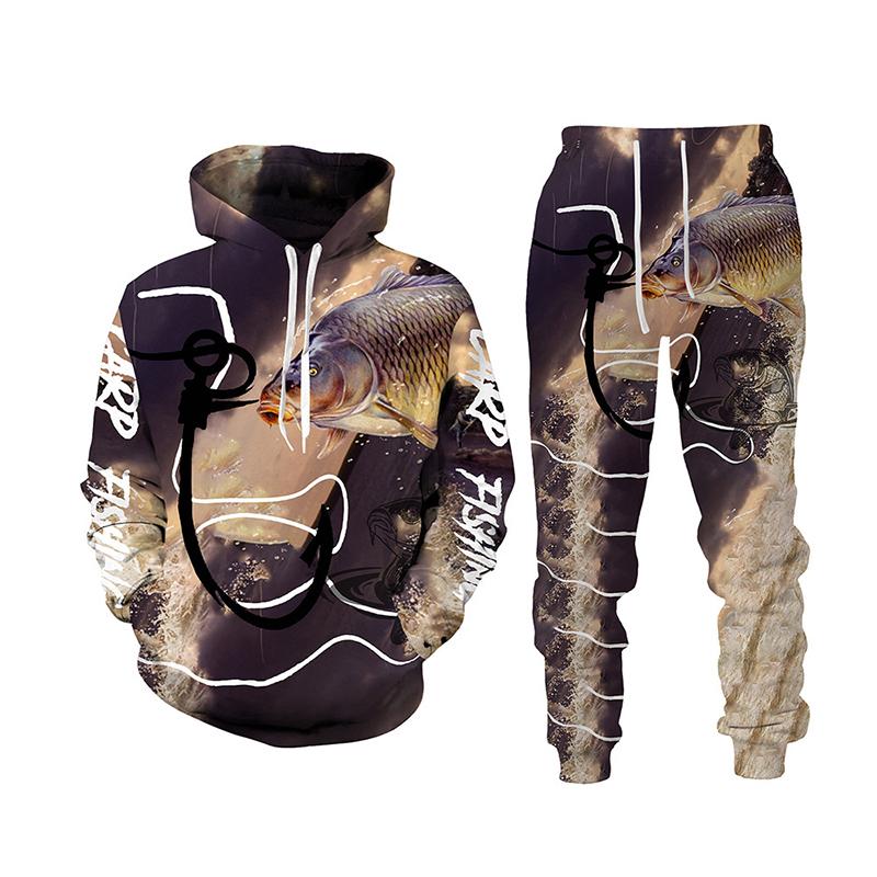 Весна-Осень с 3D принтом рыбы для мужчин и женщин толстовка + брюки комплекты из 2 предметов камуфляжная одежда для рыбалки, охоты и кемпинга модная спортивная одежда на открытом воздухе комплект