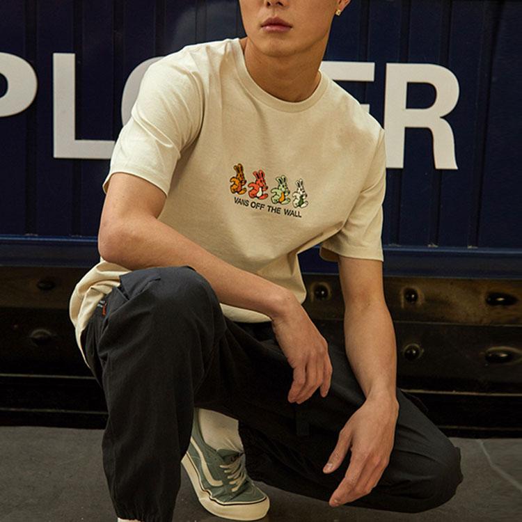 Vans Футболка с коротким рукавом и круглым вырезом в американском стиле с красочным принтом кролика, футболка унисекс SS22, овсянка VN0A7PYP2N1