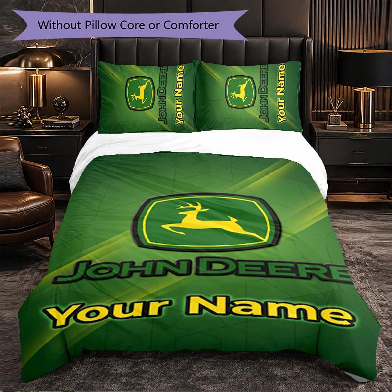 John Deere Customized Name Text Bedding Set, 1 Duvet Cover & 2 Pillowcases Personalized Bedroom Gift