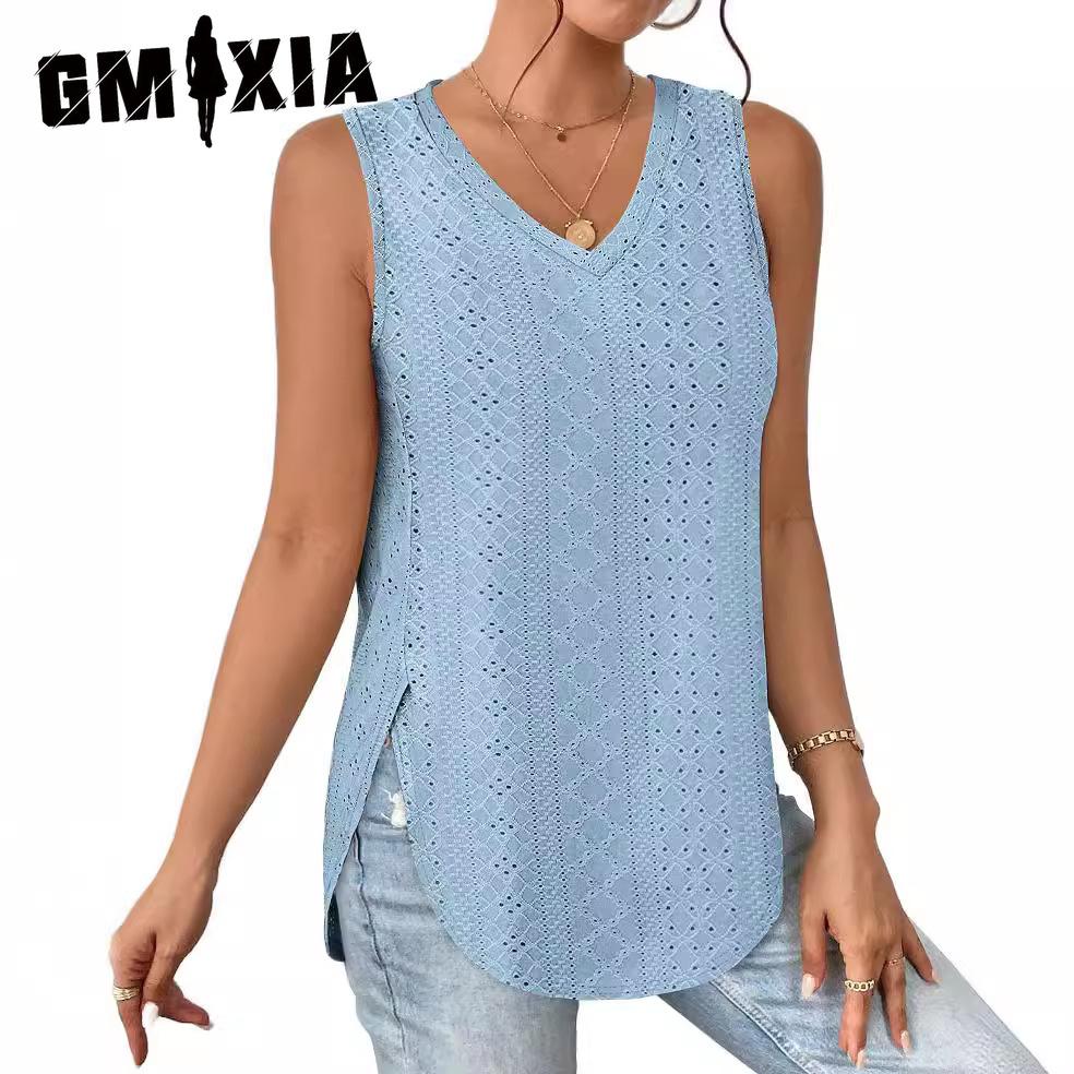 GMXIA Spring Summer V-neck Vest Sleeveless Hole Jacquard Top Casual Vest Women