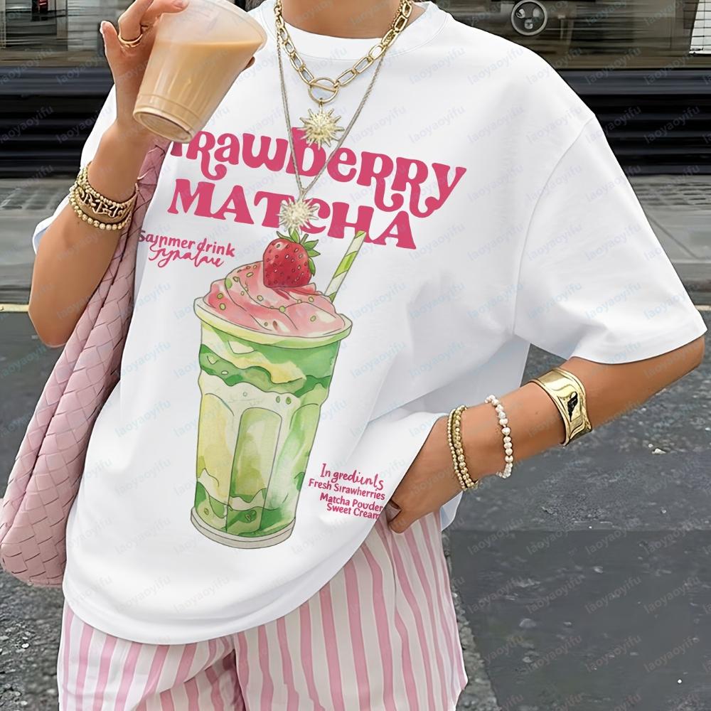 Strawberry Matcha T-Shirt Tea Print Short Sleeve Crew Neck Top with Matcha Powder & Strawberry Blouse Tee Suitable for Vacations