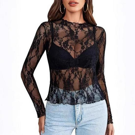 2024 European & American Style Lace Floral See-Through Long-Sleeve Women's Top