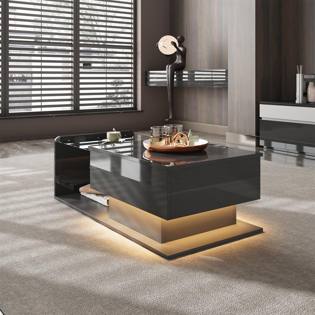 Coffee Table, High Gloss Black, Side Table, Coffee Table with Glass and LED Effect, with Glass Top