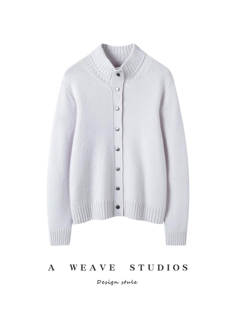 Snap-Button Cashmere Cardigan: New 2026 Winter Half-High Neck, Gentle Loose Fit Outerwear for Women