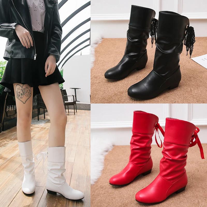 Plus Size 35-43 Women Middle Calf Boots Back Lace Up Low Heels Winter Shoes Black Botines White Botas Mujer Female Snow Boot Red