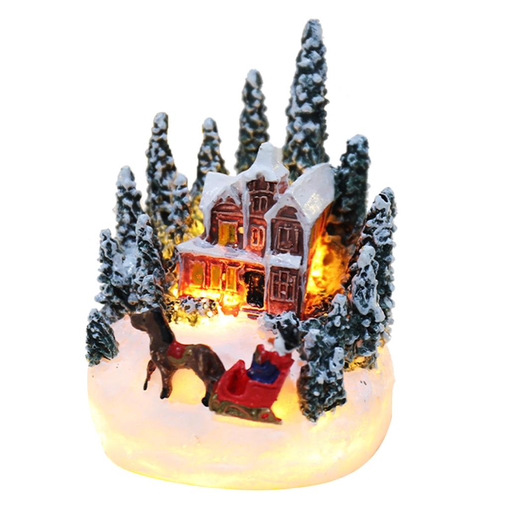 Christmas Village Figurines LED Light Christmas Town Scene Desktop Ornaments Battery Operated Landscape Decorations