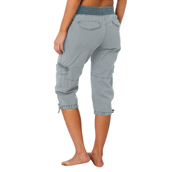 Women Cropped Drawstring Waist Wide Elastic Waistband Pure Multi Pockets Retractable Foot Leg Daily Wear School