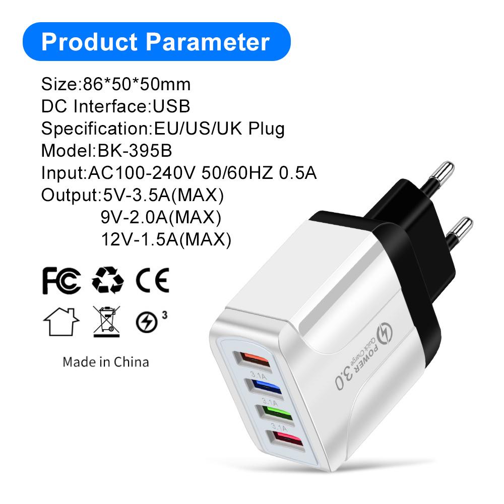Цветное 4-портовое USB-зарядное устройство для путешествий 5 В / 2,4 А Быстрая зарядка - Австралийский стандарт