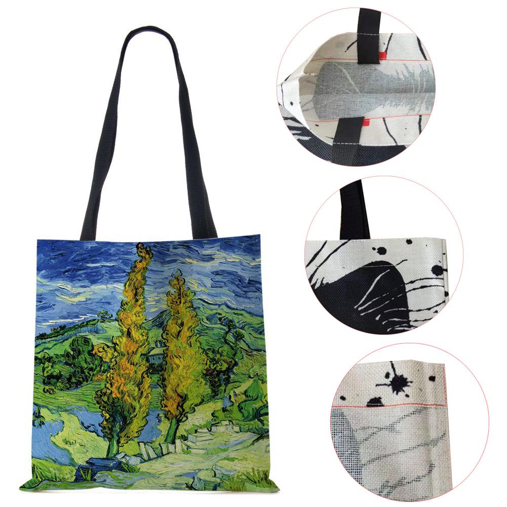 Женская сумка через плечо, шоппер, дорожная, холщовая, повседневная, ручная сумка, экологичная, переработанная, с масляной живописью, пейзаж, цветы, большая вместимость, сумка-тоут для книг, KTY