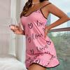 Women Nightdress Big Hem Sleeveless Backless Heart Print Above Knee Seductive Low Cut Spaghetti Strap Women Nightie for Sleeping