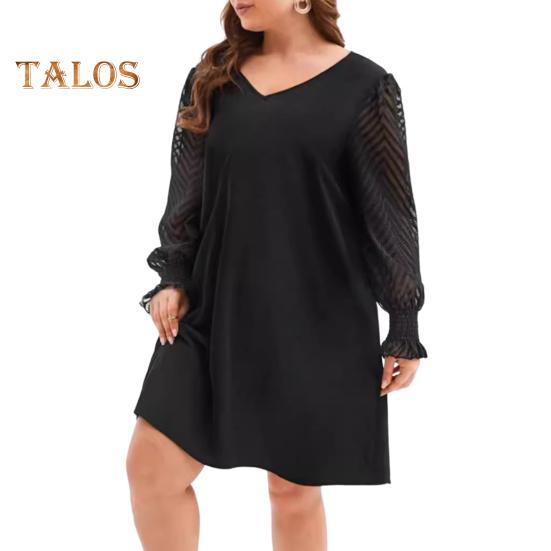 Платье больших размеров с V-образным вырезом, кружевной отделкой, расклешенным длинным рукавом, мини-платьем с высокой талией, однотонное повседневное мини-платье