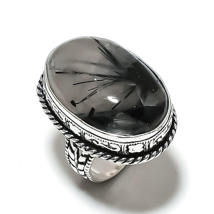 Black Rutile Gemstone 925 Sterling Silver Gift Jewelry Ring Size 8