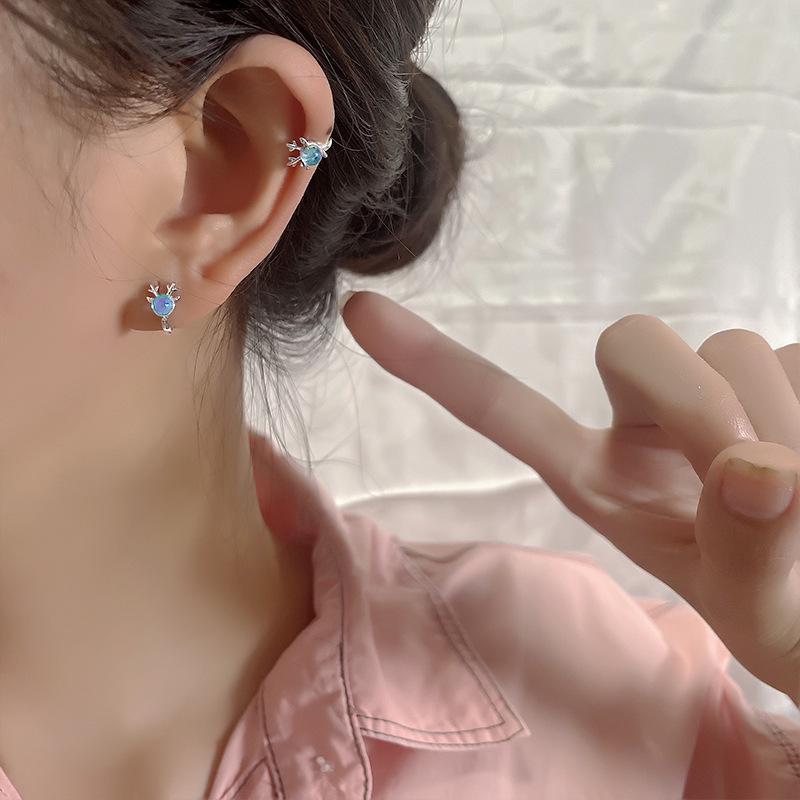 Синий Стразовый Кафф на Ухо в Виде Оленя - Не Требует Пирсинга, Праздничный Модный Зажим в Виде Рога