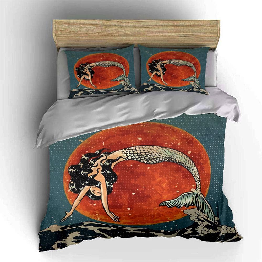 Mermaid and Red Moon Waves Bedding Duvet Cover Set Duvet Cover Pillowcases (1*Duvet Cover 2*Pillowcases, without duvet insert)