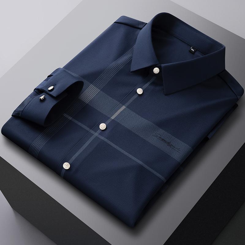 New in Shirts Luxury Long Sleeve Shirts for Men Slim Fit Casual Tops Elegant Anti-Wrinkle Elastic Soft Nylon Plaid Clothes