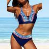Women's Shoulder Strap Swimsuit Dark Blue Pattern Print Bikini Tankini Swimsuit