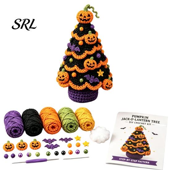 DIY Holiday Tree Materials Halloween Crochet Kit, Black Cat Pumpkin Witch Creative Gift for Crafters Hat Ghost Crafting Kit Home Decor, Handmade Craft