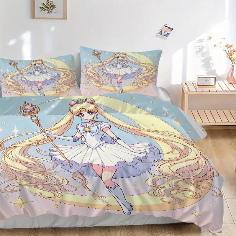 3pcs Anime Sailor Moon Printed Quilt Set - Includes 1 Quilt Cover and 2 Pillowcases, Machine Washable - Suitable for All Seasons.L002
