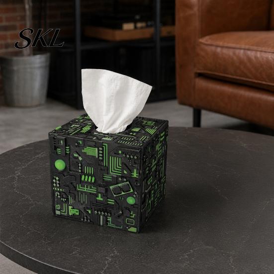 Purple Tissue Box Sci-fi Theme Box, with Smooth Paper Extraction, Large Capacity Cubic Design Matte Gray Holder Organizer, Hard Shell Durable Desktop