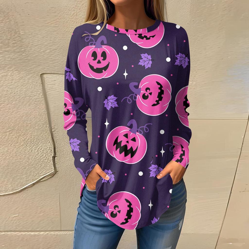 Tee Shirts For Women Fall Casual Long Sleeve Shirts Sweatshirt Halloween Printing Top Pullover