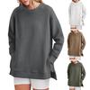 Women Sweatshirt with Zipper Slit Hem O Neck Mid Length Loose Pure Color Top Elastic Cuffs And Hem Commuting Sport Outdoor Pullover