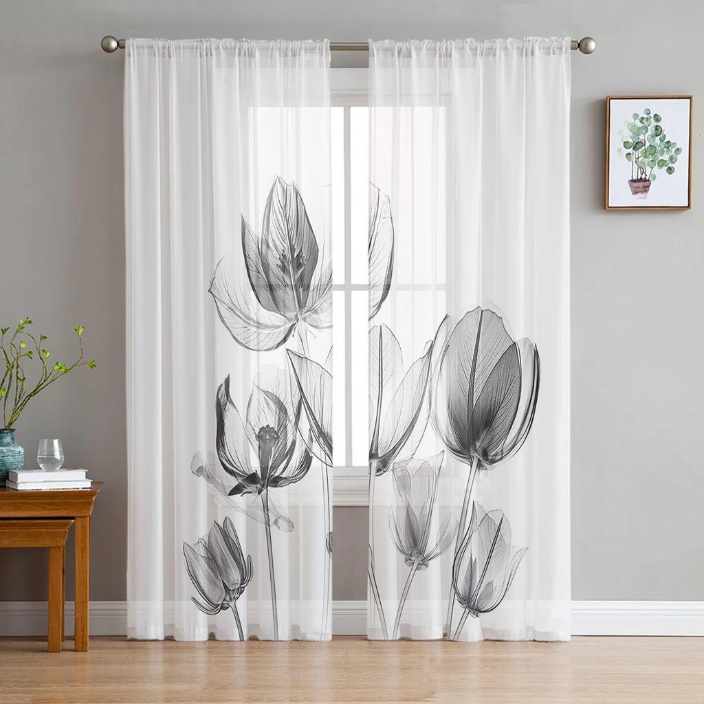 Flower Laser Tulip Transparent Bedroom Transparent Sheer Curtains Holiday Decoration Window Voile Tulle Curtain