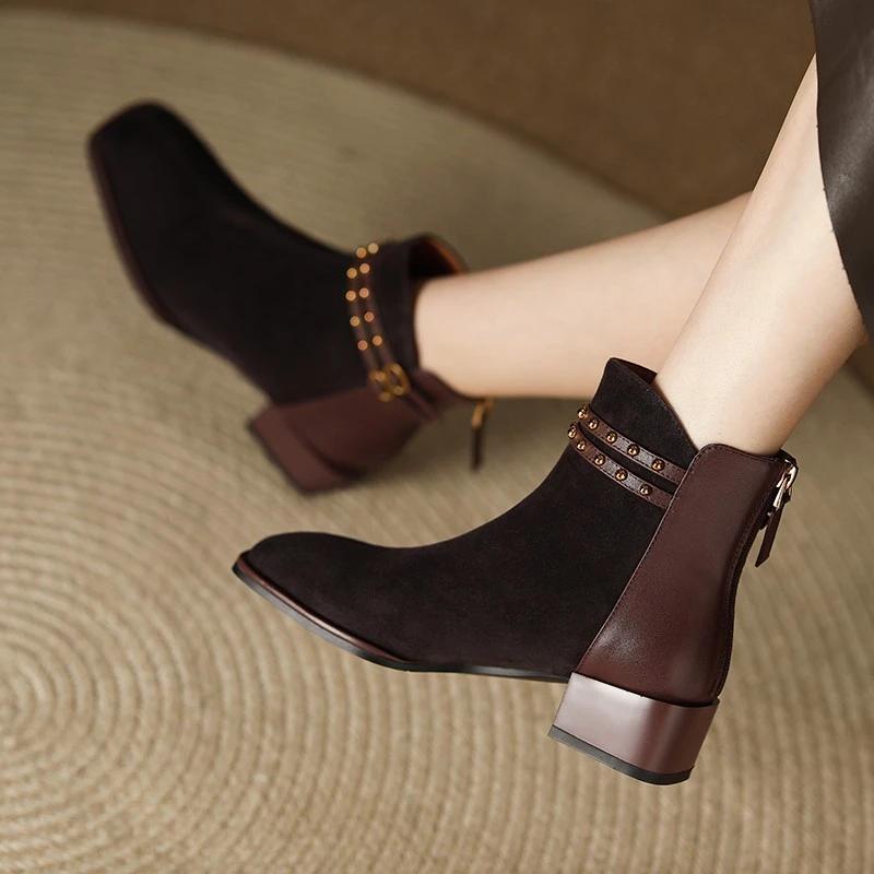 Fashion 2024 High Quality Ladies Shoes Back Zip Women's Boots Fashion Belt Buckle Office and Career New Square Toe Rivet Ankle Boots