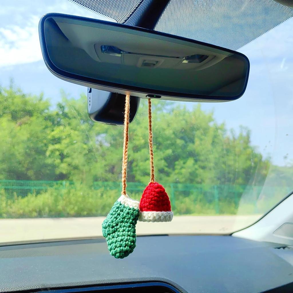 Handmade Hat and Stocking Rear View Mirror Accessories, Cute Crochet Decoration Car Mirror Hanging Accessories, Car Hanging Ornament and Bag Charm