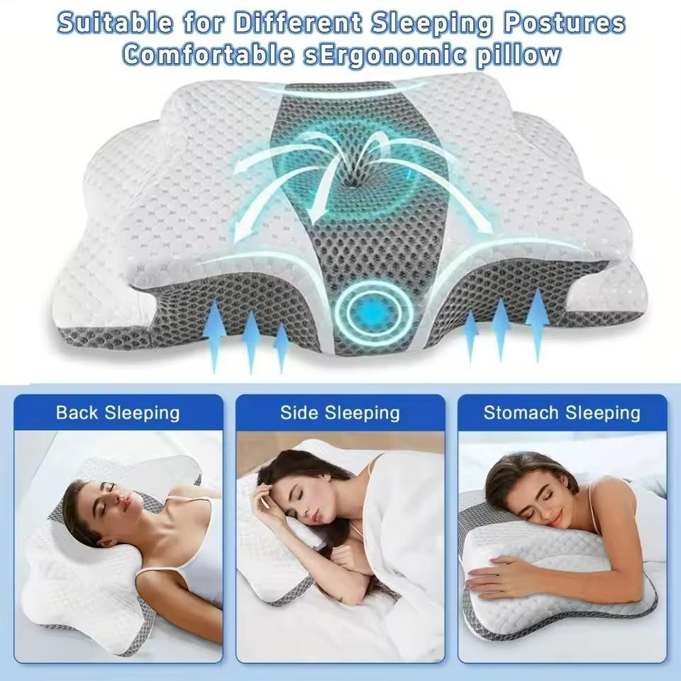 Ergonomic Butterfly Memory Foam Neck Pillow with 3-Point Support for Head Neck & Shoulders Removable Washable Cover for Comfort
