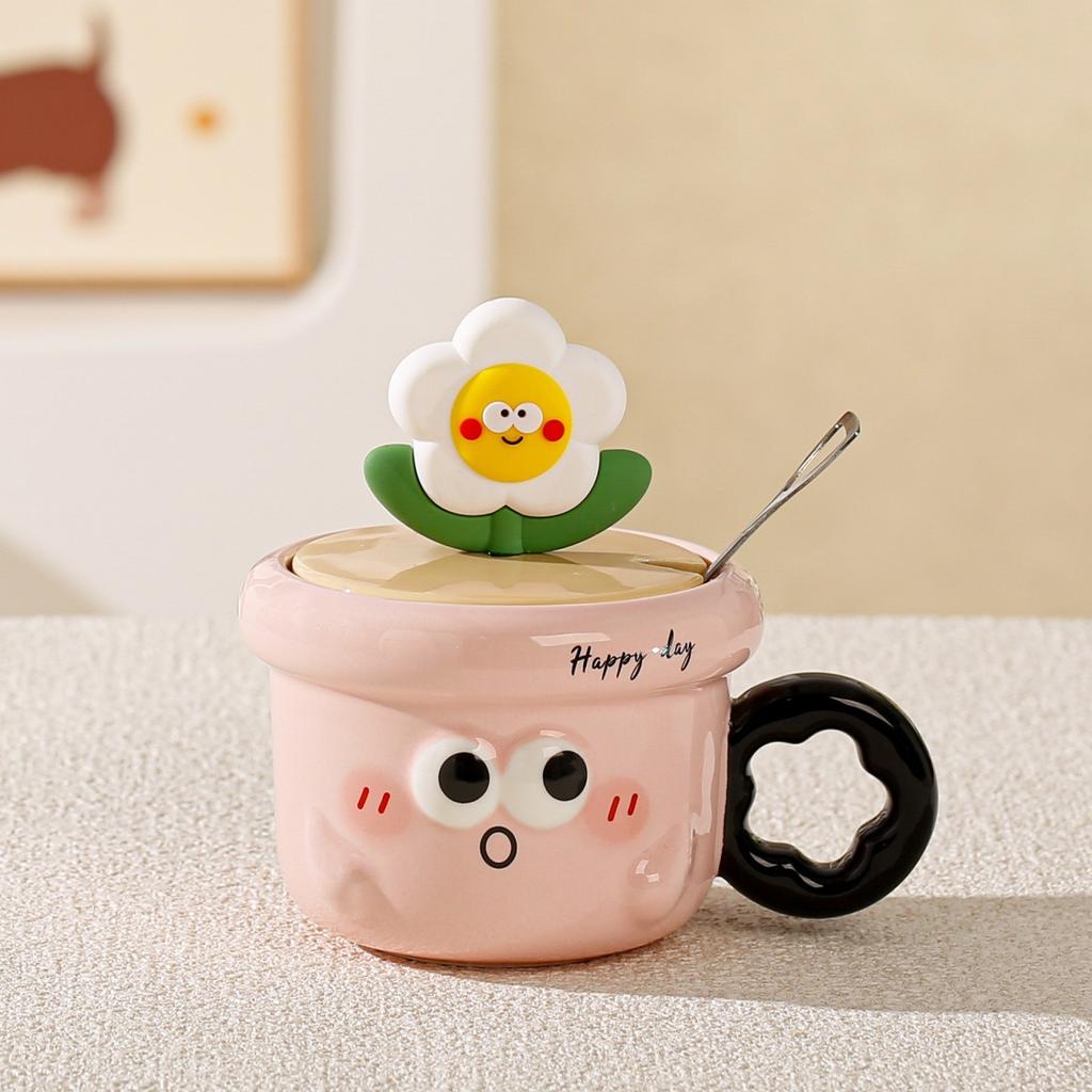 New product with lid small flower ceramic cup with cute expression mug office high value large capacity cup girls gift