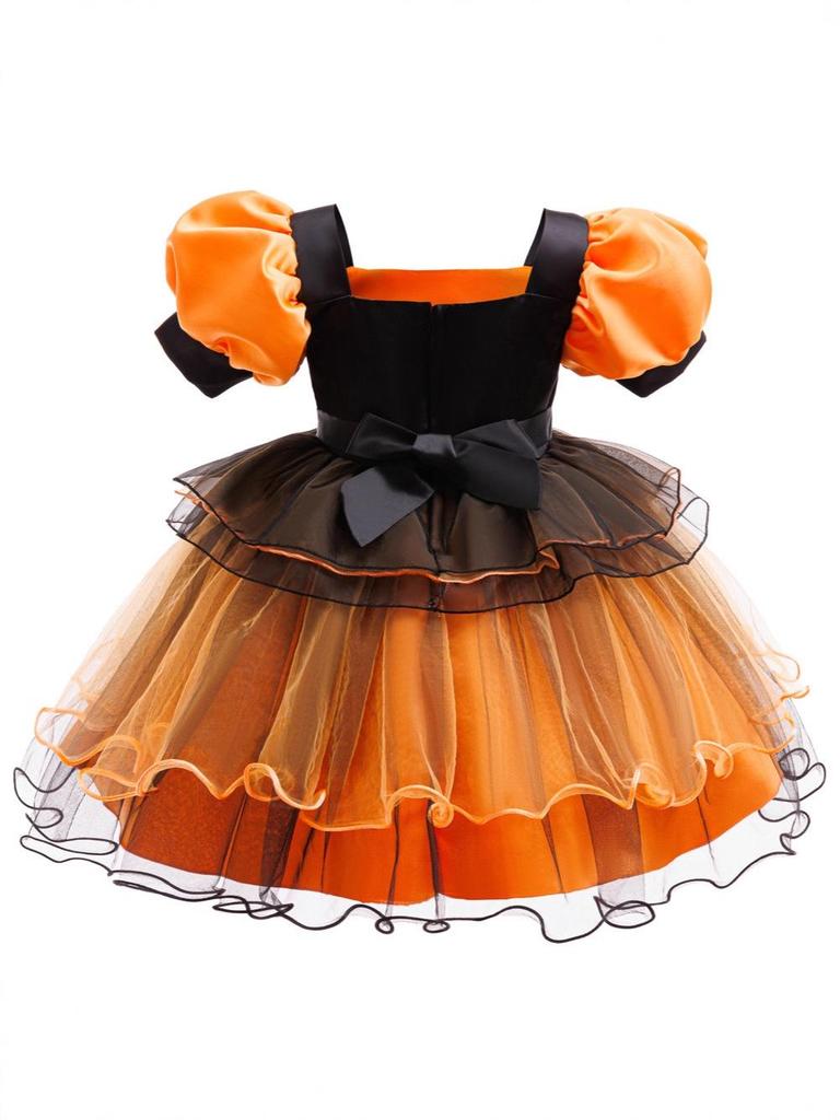 Девочкино платье ведьмы на Хэллоуин с оранжевой сетчатой пышной юбкой
