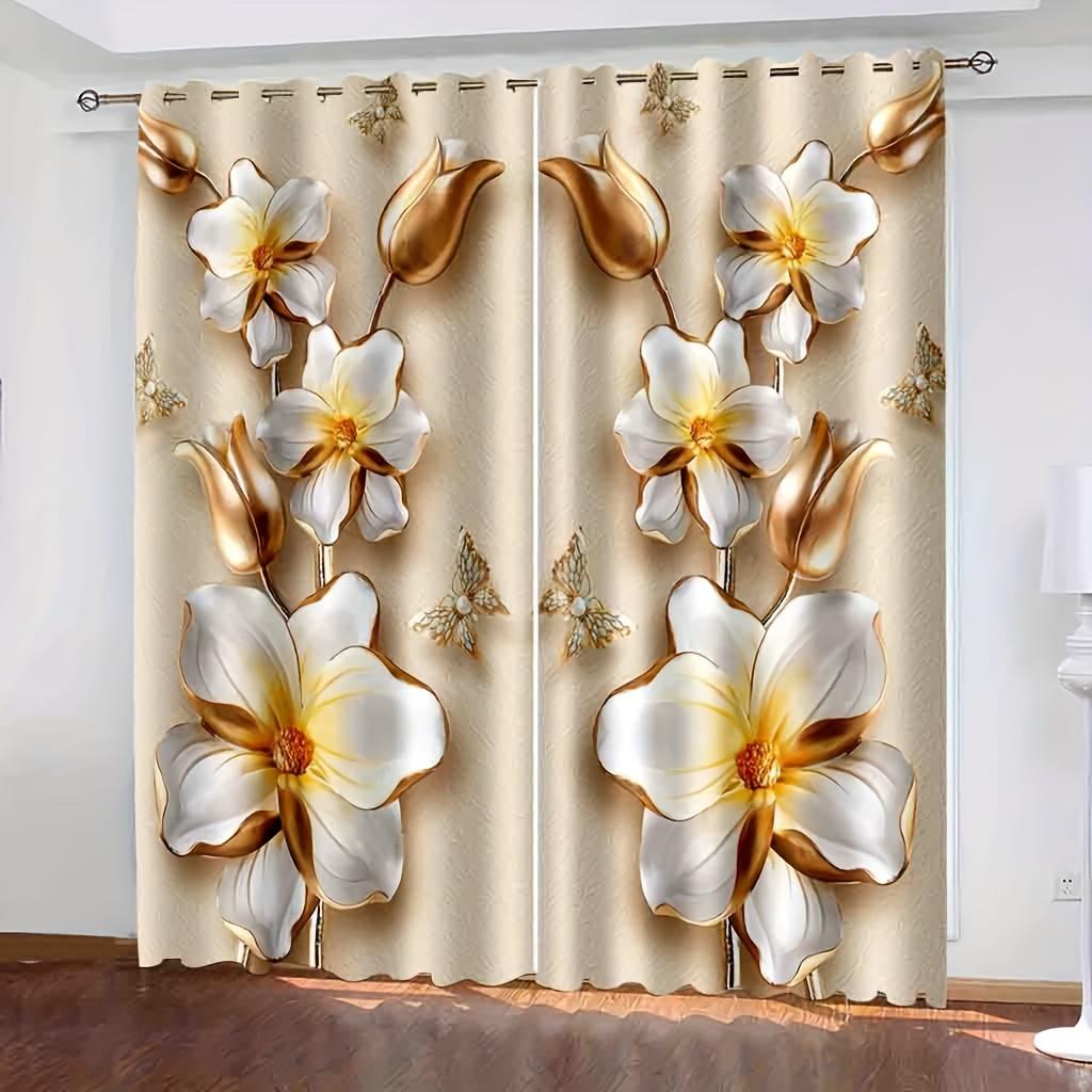 2 шт. Цветочный узор, черный напечатанный карниз для штор, украшение для кармана, полузатемняющие шторы для гостиной, спальни, офиса, украшения для дома