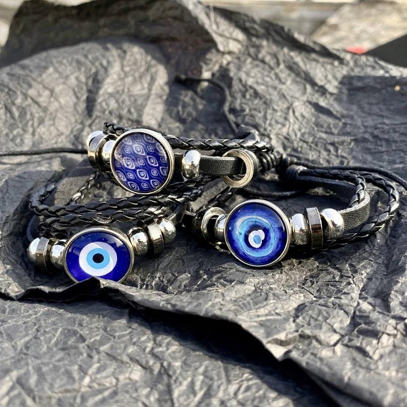 Кожаный браслет «Сглаз» Женский ручной работы Голубой глаз Многослойный браслет из бисера Ювелирные изделия для рук Браслеты