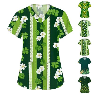 Женская мода с v-образным вырезом, короткими рукавами и карманами, топы с принтом